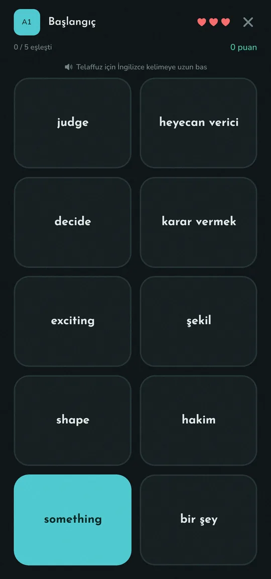 MatchLingo uygulamasında kelime eşleştirme oyunu
